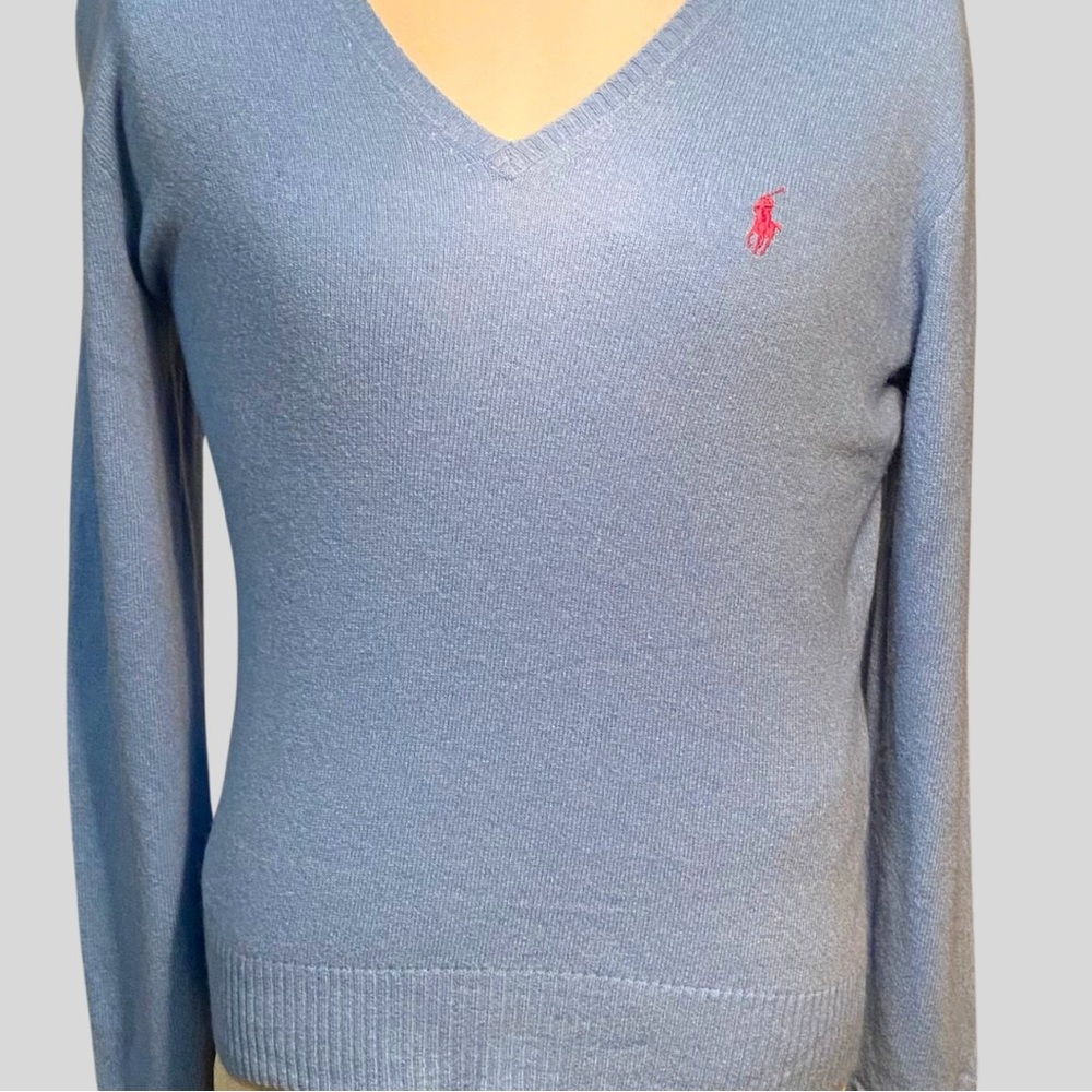 Ralph Lauren Women's Cashmere Merino wool blend blue V-Neck Sweater w polo pony